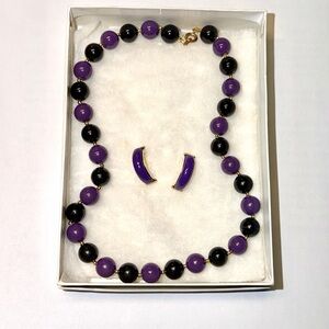 Vintage Purple and Black Beaded Necklace and Earring Set